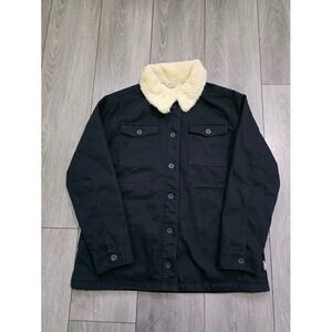 Hang Ten Jacket Women L Black w Ivory Fleece Button Up Front Pockets Utility